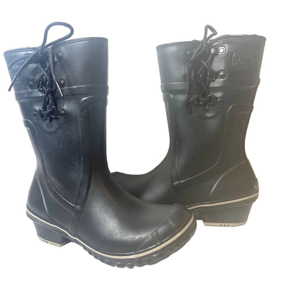 Sorel Mid Calf Rubber Rain Boots Chelsea Pull On Womens US 5 Black Low Heel Shoe